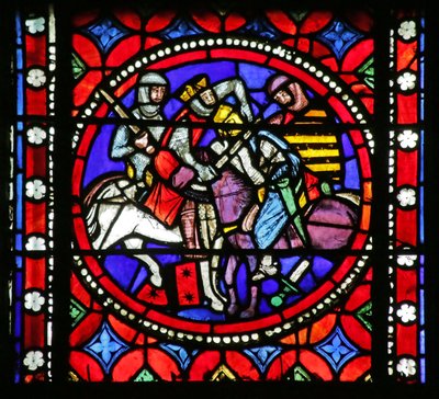 Window depicting Scene from the life of Saint Bonnet: King Aripert mortally wounding a Knight by French School